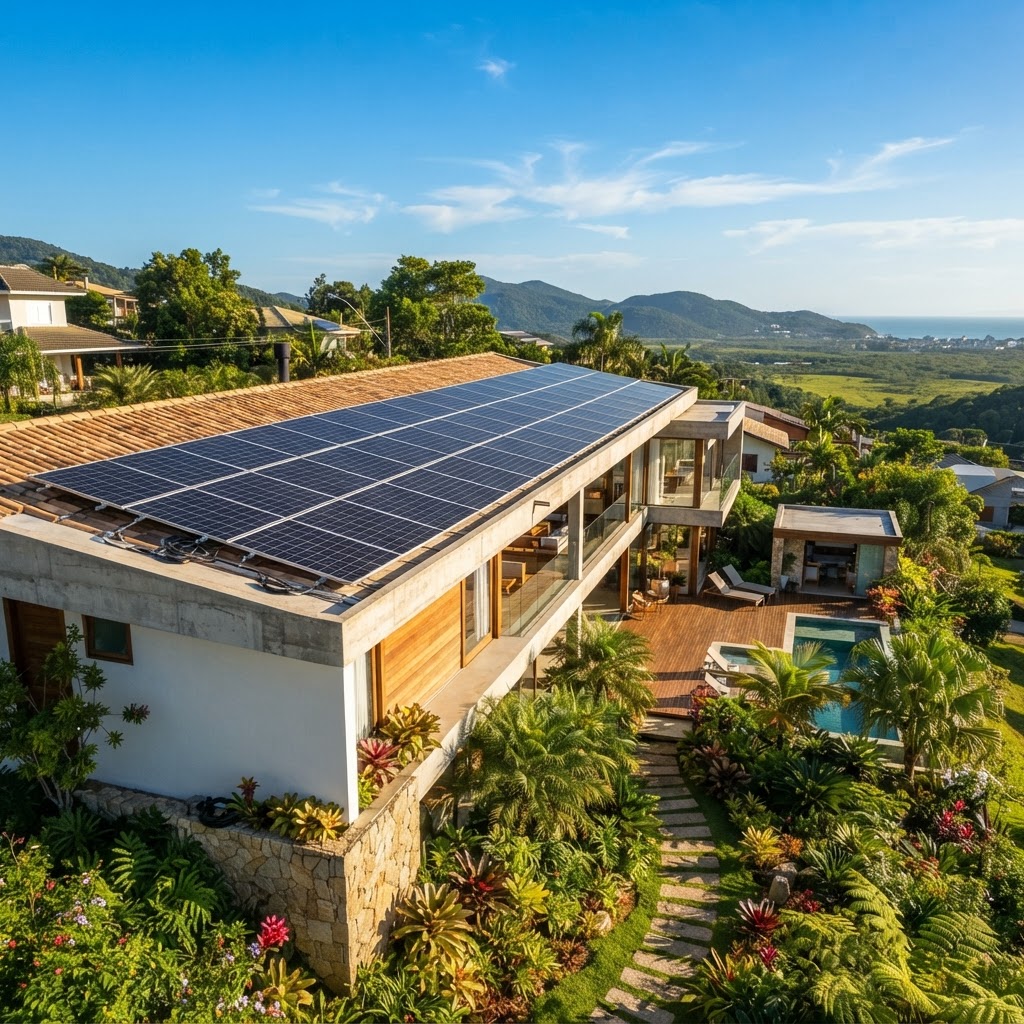 Painéis solares instalados no telhado de uma residência